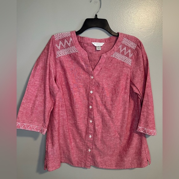 Christopher & Banks Tops - Christopher & Banks Red 3/4 sleeve linen blend western boho shirt size PL